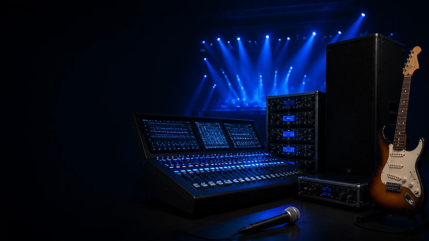 Início 1 Console de áudio, sistema de sonorização, guitarra e microfone em ambiente de palco